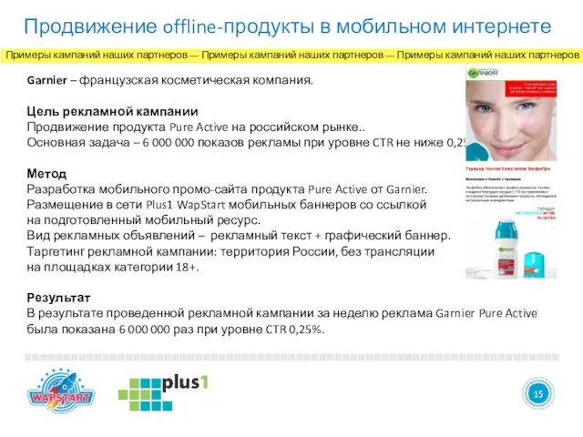 14 Продвижение offline-продукты в мобильном интернете 15 Garnier – французская косметическая компания.