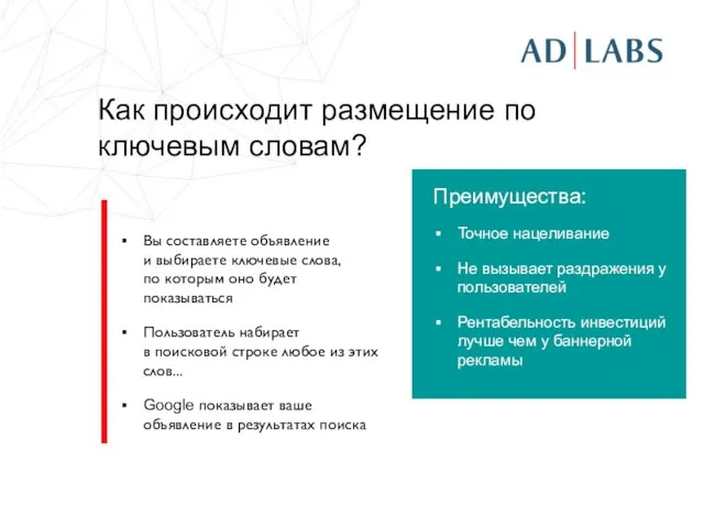 Как происходит размещение по ключевым словам? Вы составляете объявление и выбираете ключевые