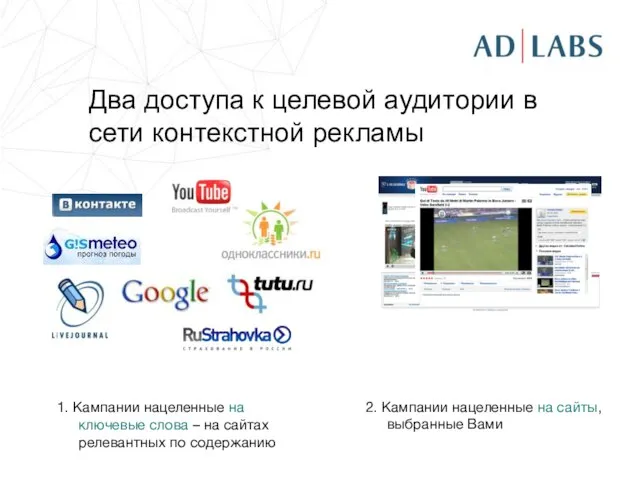 Два доступа к целевой аудитории в сети контекстной рекламы 1. Кампании нацеленные