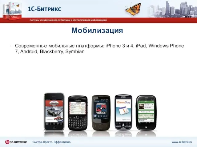 Мобилизация Современные мобильные платформы: iPhone 3 и 4, iPad, Windows Phone 7, Android, Blackberry, Symbian