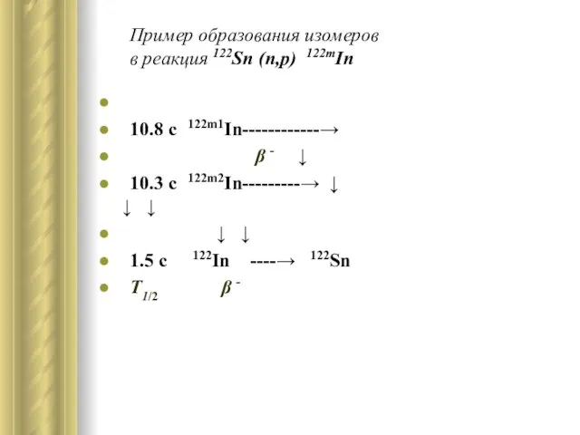 Пример образования изомеров в реакция 122Sn (n,p) 122mIn 10.8 c 122m1In------------→ β