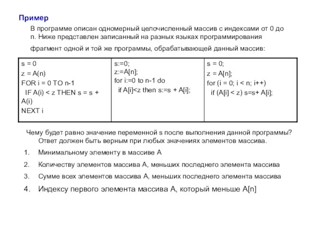 Пример В программе описан одномерный целочисленный массив с индексами от 0 до