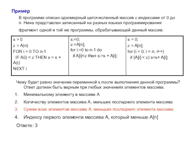 Пример В программе описан одномерный целочисленный массив с индексами от 0 до