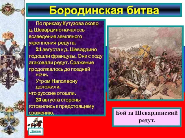 Бородинская битва Бой за Шевардинский редут. По приказу Кутузова около д. Шевардино