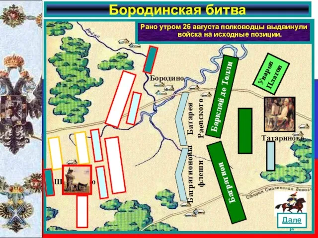 Бородинская битва Рано утром 26 августа полководцы выдвинули войска на исходные позиции.