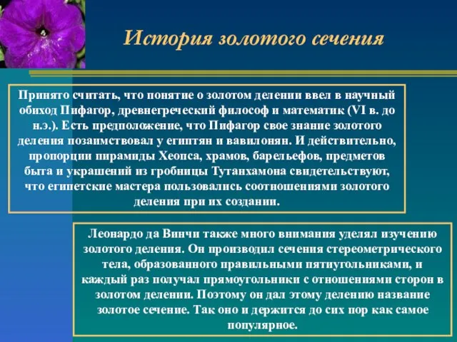 История золотого сечения Принято считать, что понятие о золотом делении ввел в