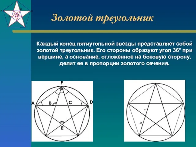 Золотой треугольник Каждый конец пятиугольной звезды представляет собой золотой треугольник. Его стороны