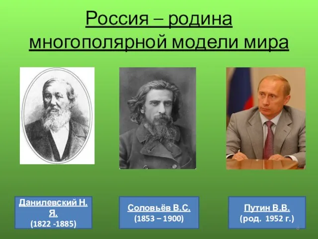 Россия – родина многополярной модели мира Данилевский Н.Я. (1822 -1885) Соловьёв В.С.