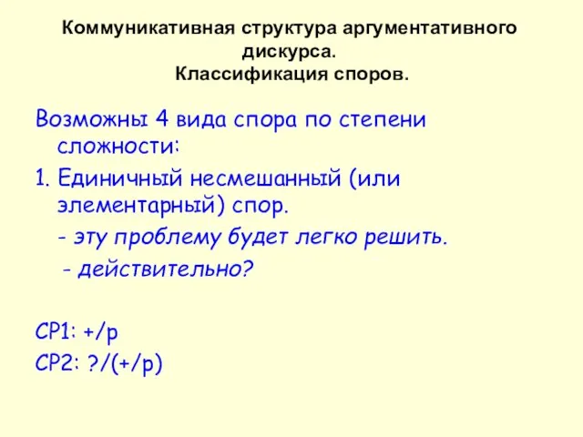 Коммуникативная структура аргументативного дискурса. Классификация споров. Возможны 4 вида спора по степени