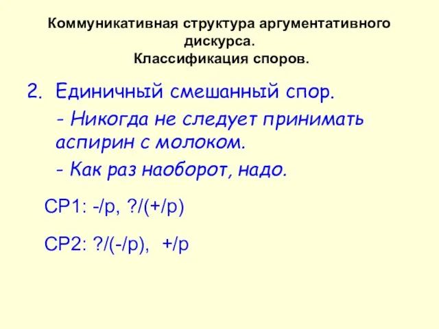 Коммуникативная структура аргументативного дискурса. Классификация споров. 2. Единичный смешанный спор. - Никогда