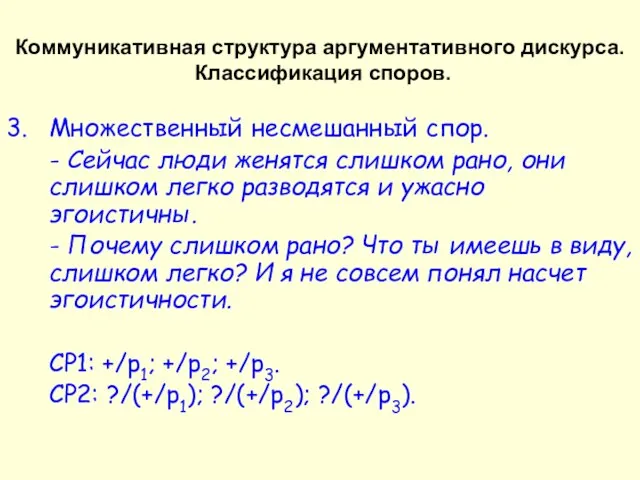 Коммуникативная структура аргументативного дискурса. Классификация споров. 3. Множественный несмешанный спор. - Сейчас