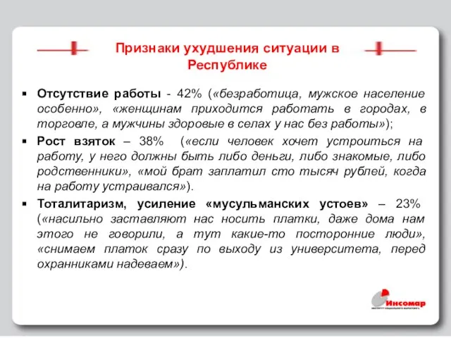 Признаки ухудшения ситуации в Республике Отсутствие работы - 42% («безработица, мужское население