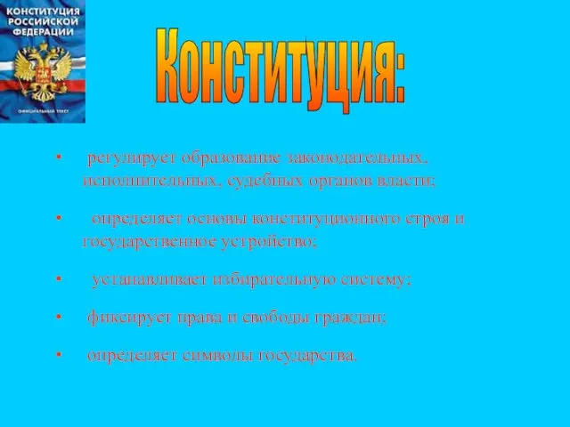 регулирует образование законодательных, исполнительных, судебных органов власти; определяет основы конституционного строя и