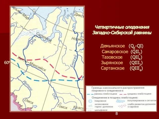 Четвертичные оледенения Западно-Сибирской равнины Демьянское (QE-QI) Самаровское (QII2) Тазовское (QII4) Зырянское (QIII2) Сартанское (QIII4) 60°