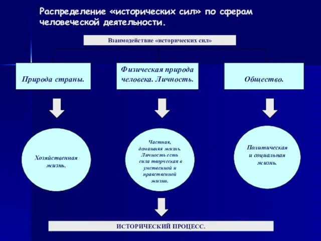 Распределение «исторических сил» по сферам человеческой деятельности. Хозяйственная жизнь. Частная, домашняя жизнь.