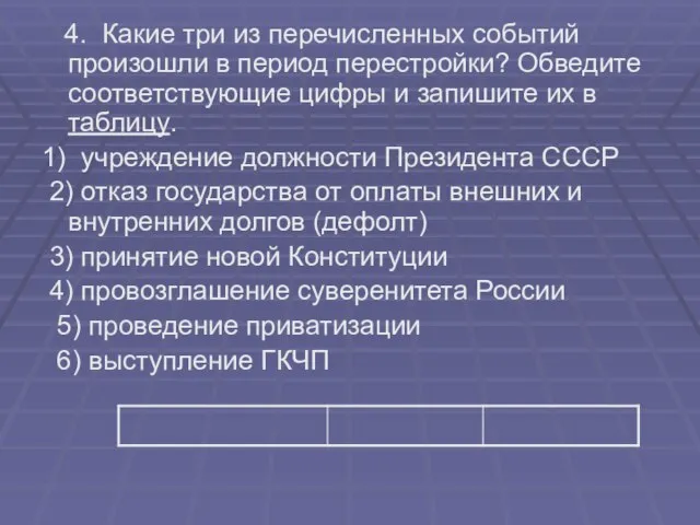 4. Какие три из перечисленных событий произошли в период перестройки? Обведите соответствующие