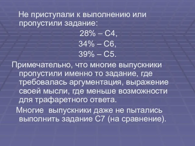 Не приступали к выполнению или пропустили задание: 28% – С4, 34% –