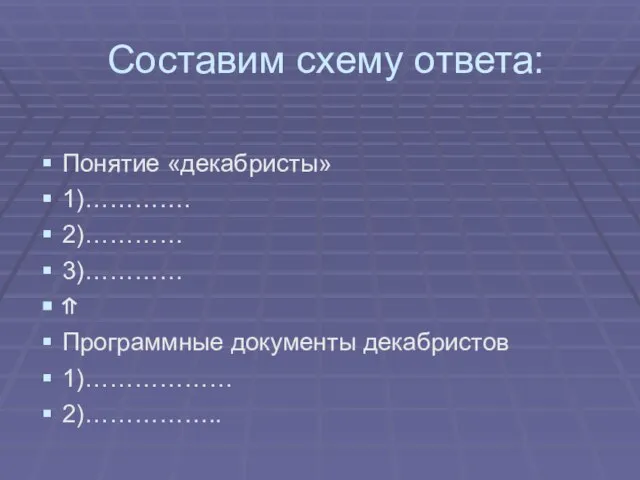 Составим схему ответа: Понятие «декабристы» 1)…………. 2)………… 3)………… ⇑ Программные документы декабристов 1)……………… 2)……………..