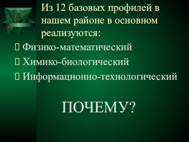 Из 12 базовых профилей в нашем районе в основном реализуются: Физико-математический Химико-биологический Информационно-технологический ПОЧЕМУ?