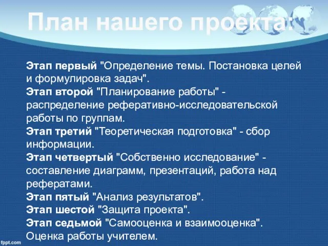 План нашего проекта: Этап первый "Определение темы. Постановка целей и формулировка задач".