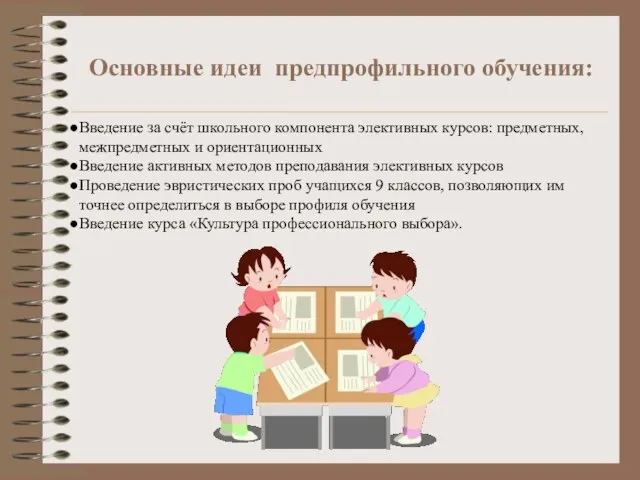 Основные идеи предпрофильного обучения: Введение за счёт школьного компонента элективных курсов: предметных,