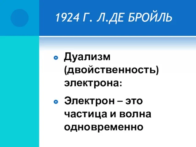 1924 Г. Л.ДЕ БРОЙЛЬ Дуализм (двойственность) электрона: Электрон – это частица и волна одновременно