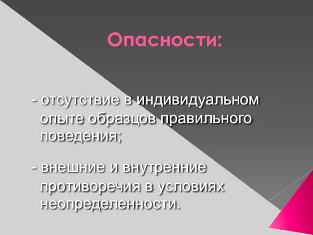 Опасности: - отсутствие в индивидуальном опыте образцов правильного поведения; - внешние и