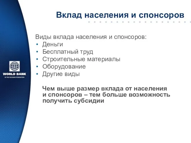 Вклад населения и спонсоров Виды вклада населения и спонсоров: Деньги Бесплатный труд