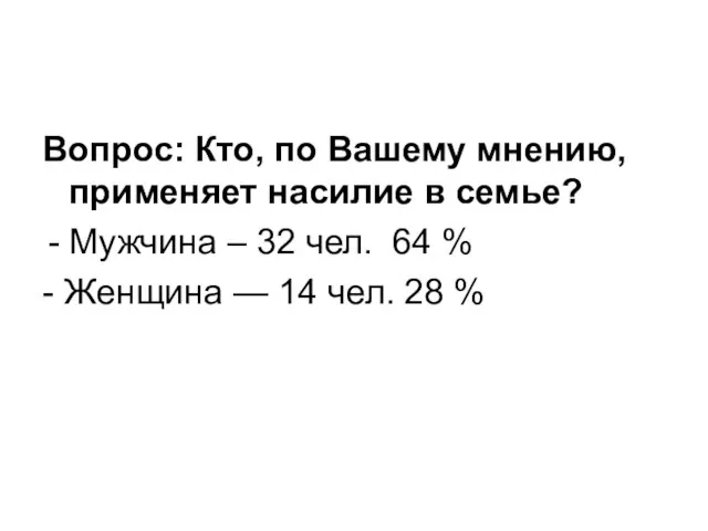 Вопрос: Кто, по Вашему мнению, применяет насилие в семье? Мужчина – 32