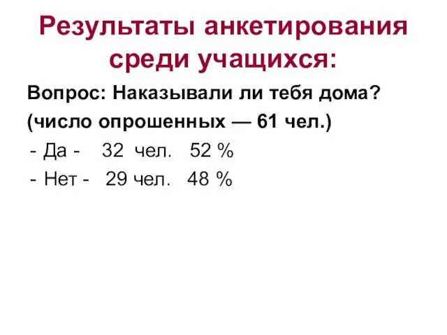 Результаты анкетирования среди учащихся: Вопрос: Наказывали ли тебя дома? (число опрошенных —