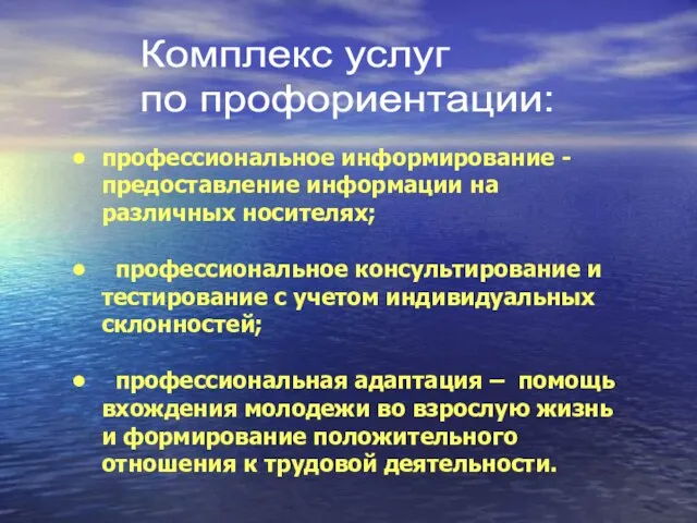 профессиональное информирование - предоставление информации на различных носителях; профессиональное консультирование и тестирование