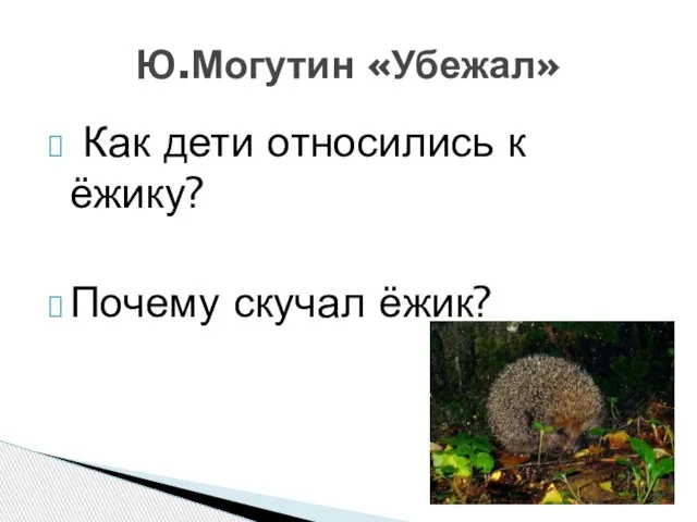 Как дети относились к ёжику? Почему скучал ёжик? Ю.Могутин «Убежал»