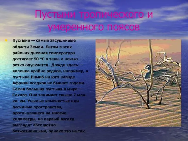 Пустыни тропического и умеренного поясов Пустыни — самые засушливые области Земли. Летом