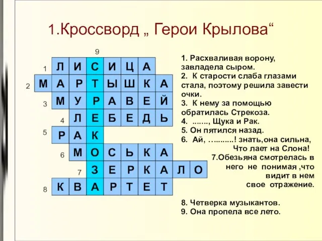 1.Кроссворд „ Герои Крылова“ Л И С И Ц А А М