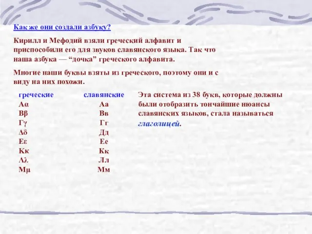 Как же они создали азбуку? Кирилл и Мефодий взяли греческий алфавит и