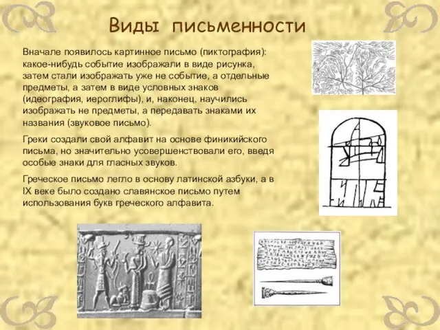 Вначале появилось картинное письмо (пиктография): какое-нибудь событие изображали в виде рисунка, затем