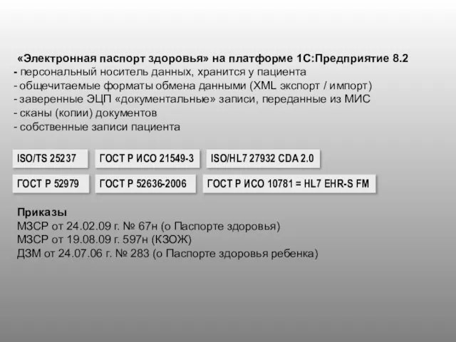 ISO/TS 25237 ГОСТ Р ИСО 21549-3 ГОСТ Р 52979 ISO/HL7 27932 CDA