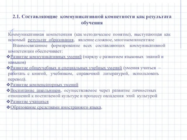 2.1. Составляющие коммуникативной компетности как результата обучения Коммуникативная компетенция (как методическое понятие),