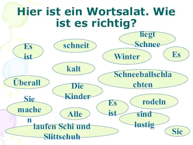 Hier ist ein Wortsalat. Wie ist es richtig? Es ist schneit Es