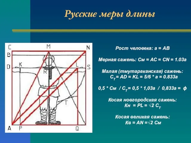 Русские меры длины Рост человека: а = АВ Мерная сажень: См =