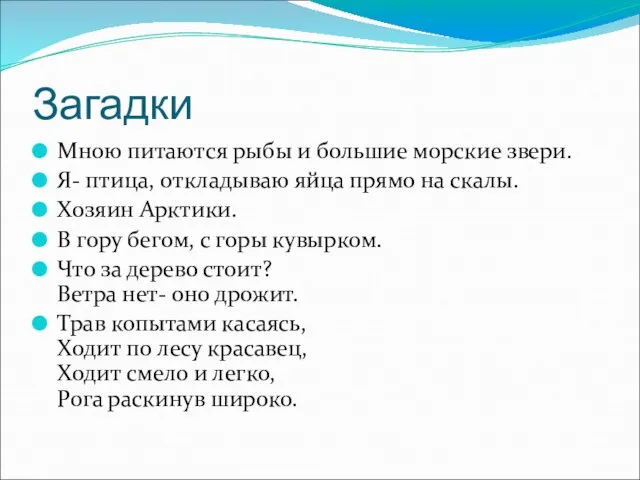 Загадки Мною питаются рыбы и большие морские звери. Я- птица, откладываю яйца