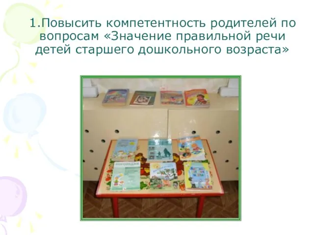 1.Повысить компетентность родителей по вопросам «Значение правильной речи детей старшего дошкольного возраста»