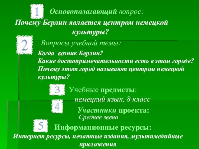 Почему Берлин является центром немецкой культуры? Основополагающий вопрос: Вопросы учебной темы: Учебные