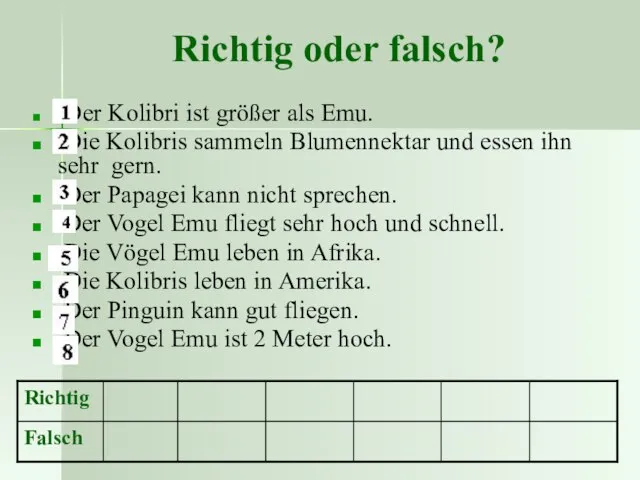 Richtig oder falsch? Der Kolibri ist größer als Emu. Die Kolibris sammeln