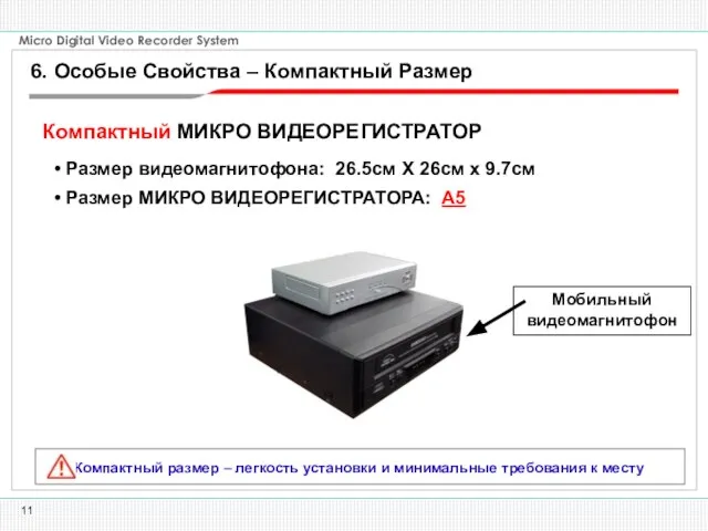 Размер МИКРО ВИДЕОРЕГИСТРАТОРА: A5 Размер видеомагнитофона: 26.5см X 26см x 9.7см Компактный