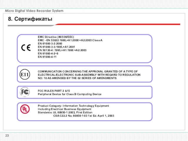 EMC Directive (89/336/EEC) EMC –EN 55022:1998,+A1:2000 +A2:2003 Class A EN 61000-3-2:2000 EN