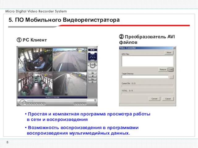 ① PC Клиент ② Преобразователь AVI файлов Простая и компактная программа просмотра