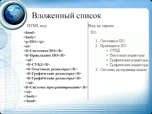 Вложенный список ПО: Системное ПО Прикладное ПО СУБД Текстовые редакторы Графические редакторы