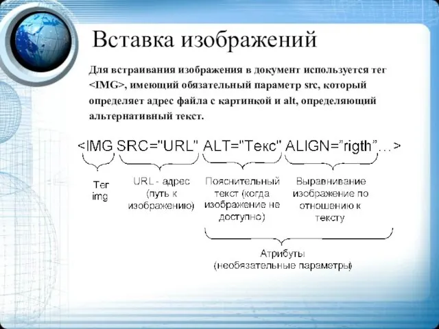 Вставка изображений Для встраивания изображения в документ используется тег , имеющий обязательный