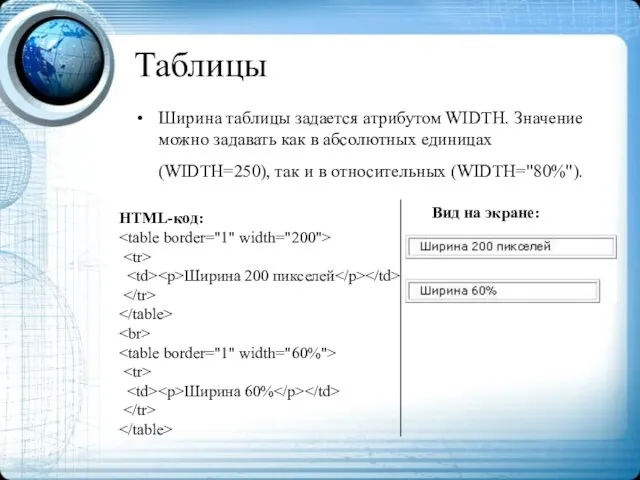 Таблицы Ширина таблицы задается атрибутом WIDTH. Значение можно задавать как в абсолютных